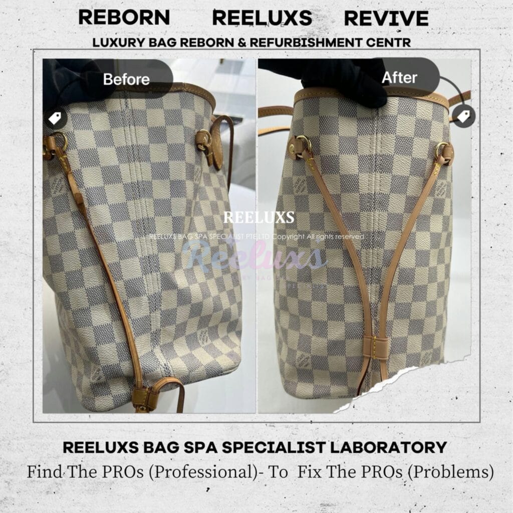 Neverfull Damier Azur Inner Heavy Yellowish Mold Stain Problem Nano Treatment Vachetta Broken Oxidation Refurbishment — frame 11