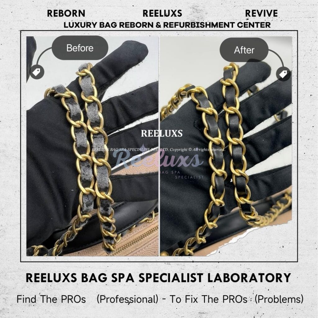CC Vanity Case Chain Leather & Zip Puller Leather Peel Off Oxidation Refurbishment — frame 1