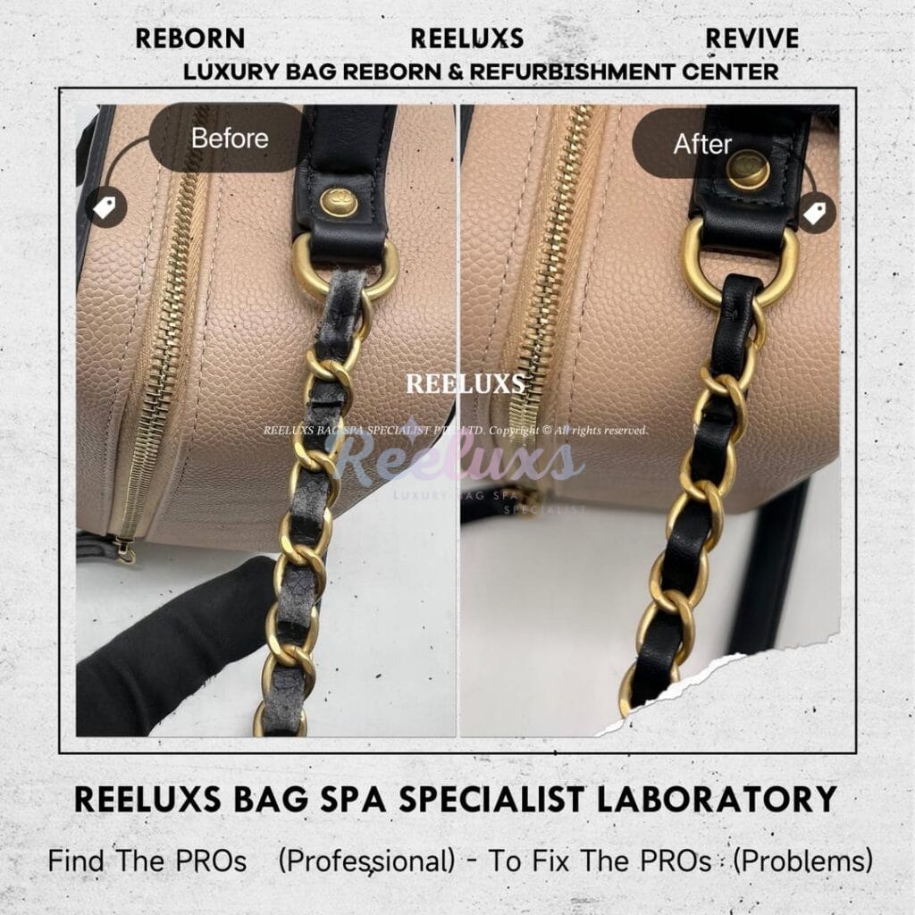 CC Vanity Case Chain Leather & Zip Puller Leather Peel Off Oxidation Refurbishment — frame 4