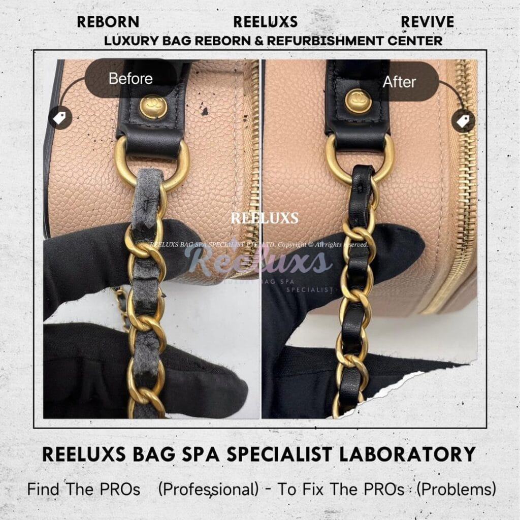 CC Vanity Case Chain Leather & Zip Puller Leather Peel Off Oxidation Refurbishment — frame 2