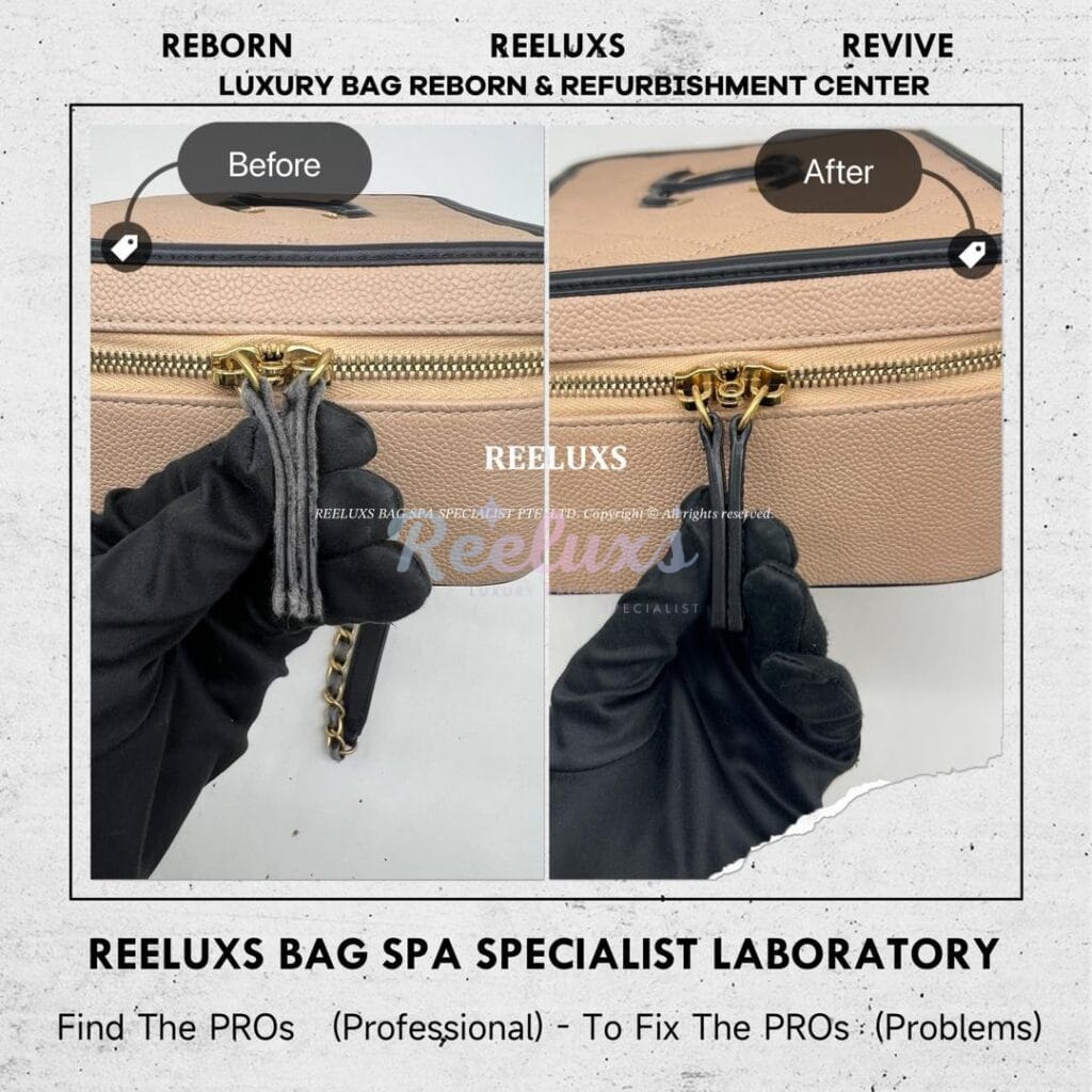 CC Vanity Case Chain Leather & Zip Puller Leather Peel Off Oxidation Refurbishment — frame 5