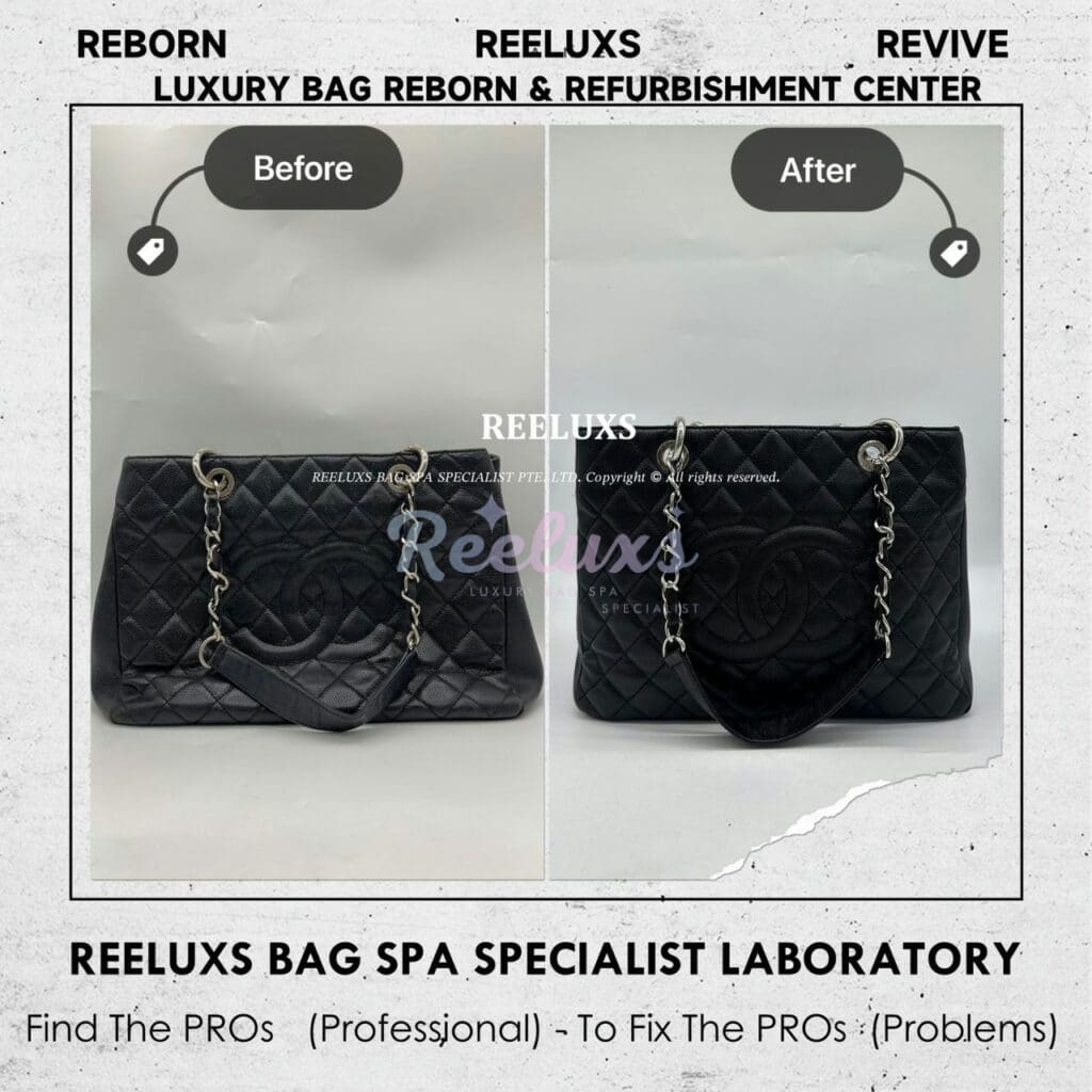 GST Black Leather Caviar Color Faded Corner Peel Off Damaged & Leather Run Of The Shape Structure Re-shape Refurbishment — frame 1