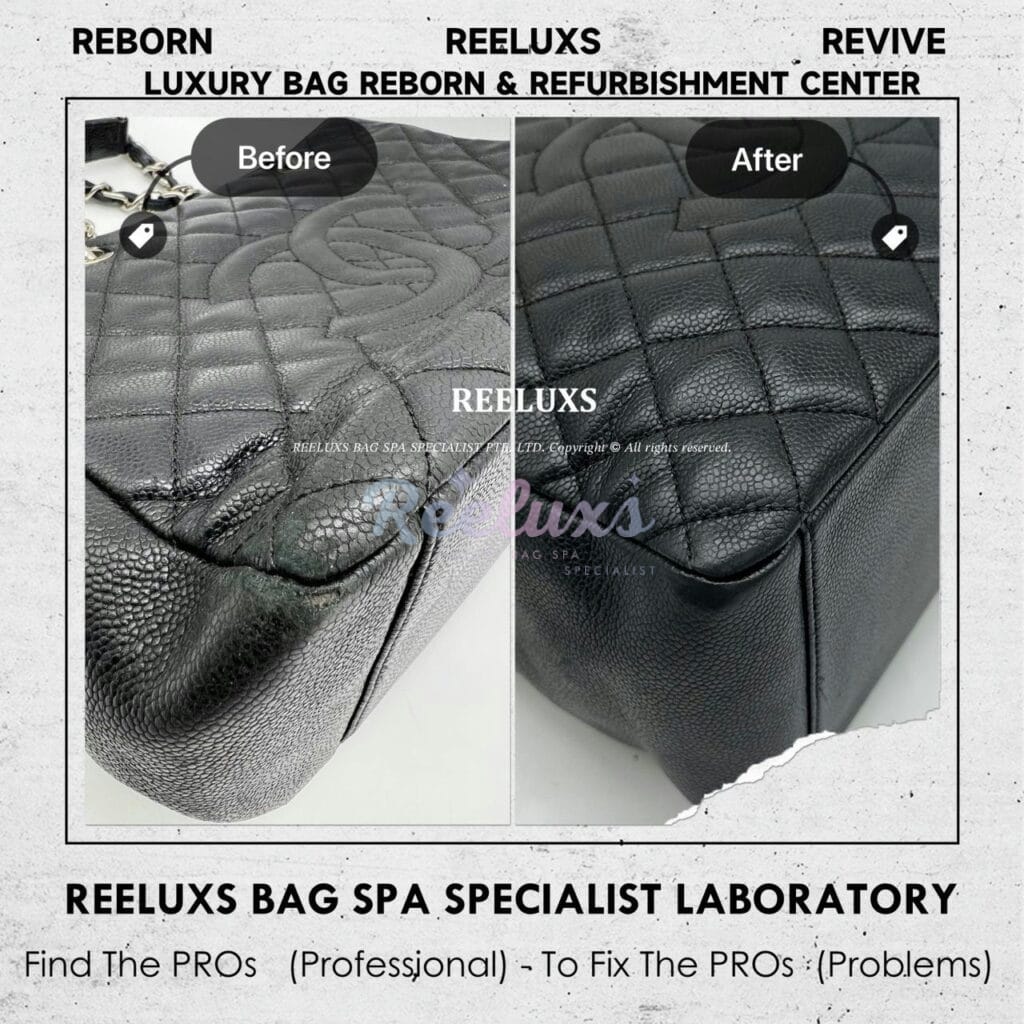 GST Black Leather Caviar Color Faded Corner Peel Off Damaged & Leather Run Of The Shape Structure Re-shape Refurbishment — frame 4