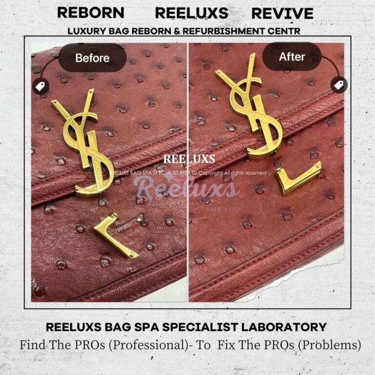 YSL Solferino Ostrich Leather Bag Metal Button Lock Damaged Repairing
