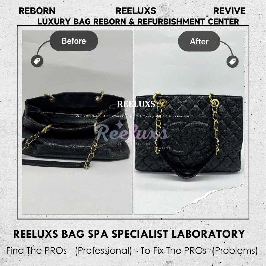 GST Black Caviar Leather Color Faded Corner Peel Off Damaged & Leather Run Of The Shape Structure Re-shape Refurbishment — frame 1