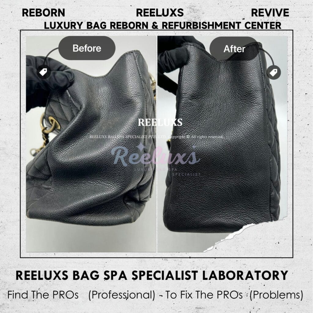 GST Black Caviar Leather Color Faded Corner Peel Off Damaged & Leather Run Of The Shape Structure Re-shape Refurbishment — frame 12
