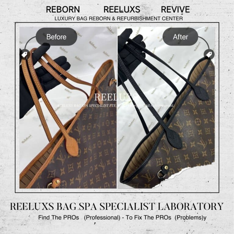 Louis Vuitton Neverfull MM Tote Bag Vachetta Damaged & Oxidation Change To Black Leather Refurbishment