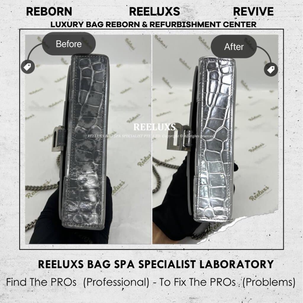 Hourglass Crocodile-Embossed Metallic Leather Bag Exterior Metallic Mold Spot Damaged — frame 3