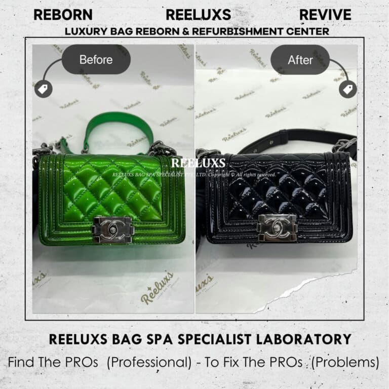 Chanel Boy Patent Leather Bag Patent Color Faded & Mold Damaged Change To Black Color Restoration & Refurbishment | REELUXS