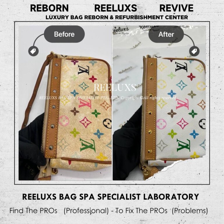 Louis Vuitton Monogram Multicolor Pochette Bag Vachetta Cracked Damaged, Canvas Fully Stain & Faded, Hardware Oxidation & Interior Peel Off Oxidation Refurbishment | REELUXS