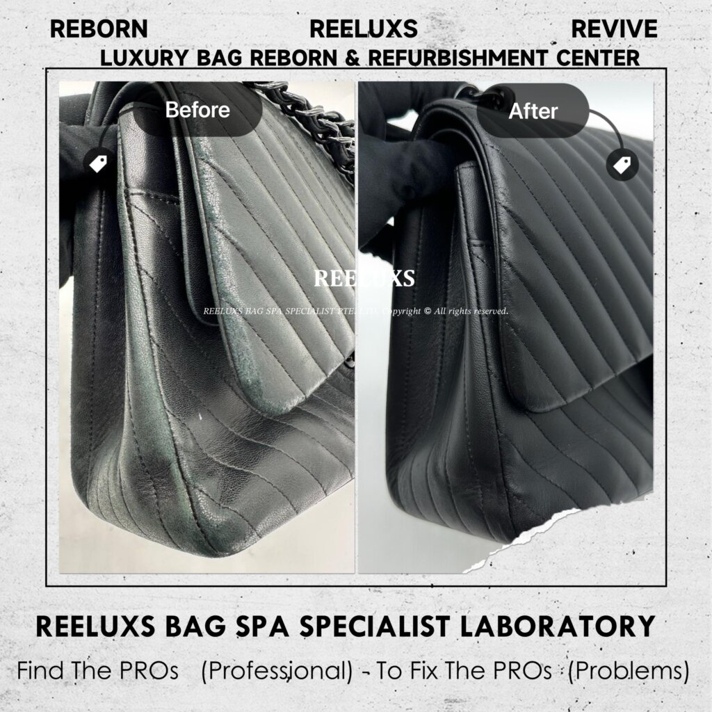 Chevron Calfskin Leather Double Flap Shoulder Bag Color Peel Off Corner Damaged — frame 7