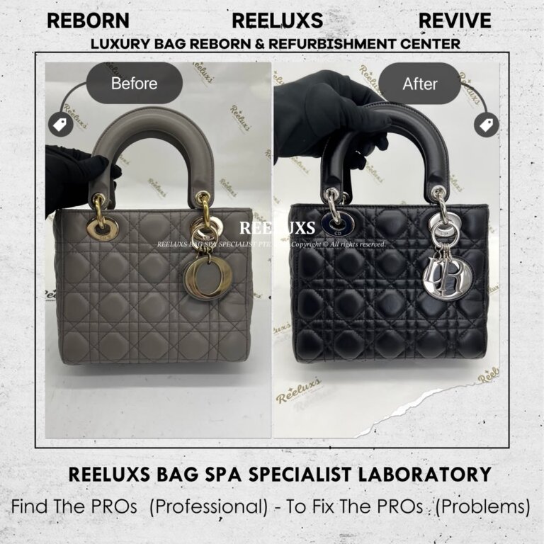 Christian Dior Lady Dior Handbag Leather Color Faded, Strap Leather Cracked Damaged & Hardware Tarnish Re-Plating To White Gold Platinium & Change To Black Color Restoration & Refurbishment