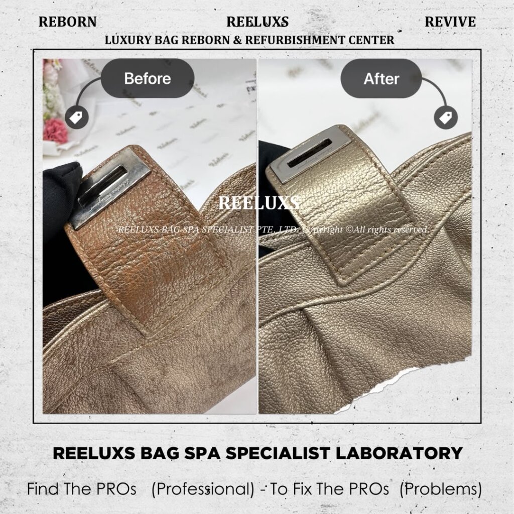 SALVATORE FERRAGAMO Shoulder Bag Metallic Faded & Mold Damaged Oxidation Restoration &… — frame 4