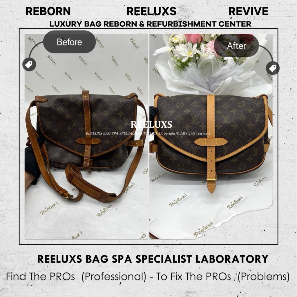 Monogram Saumur Messenger Bag Vachetta Fully Stain, Cracked Damaged & Oxidation — frame 3