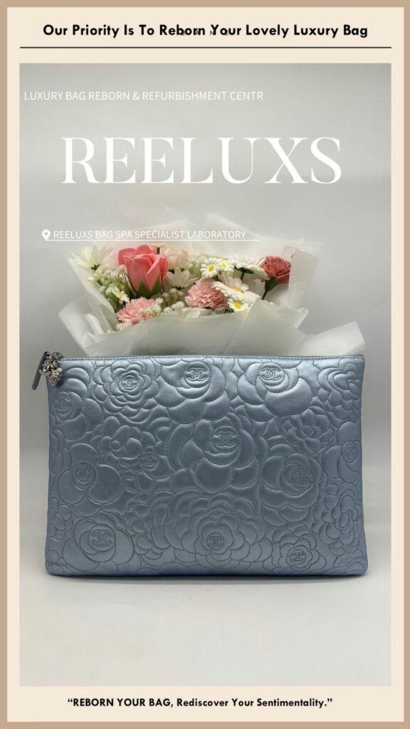 Camellia CC Logo Embossed Large Zip Pouch Clutch Bag Metallic Color Damage… — frame 9