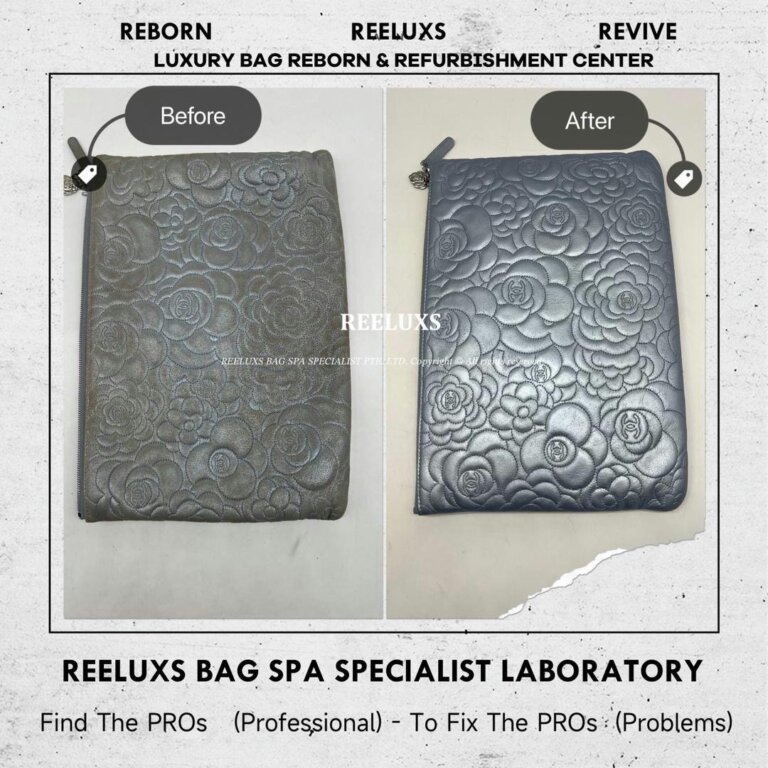 Chanel Camellia CC Logo Embossed Large Zip Pouch Clutch Bag Metallic Color Damage Restoration I REELUXS