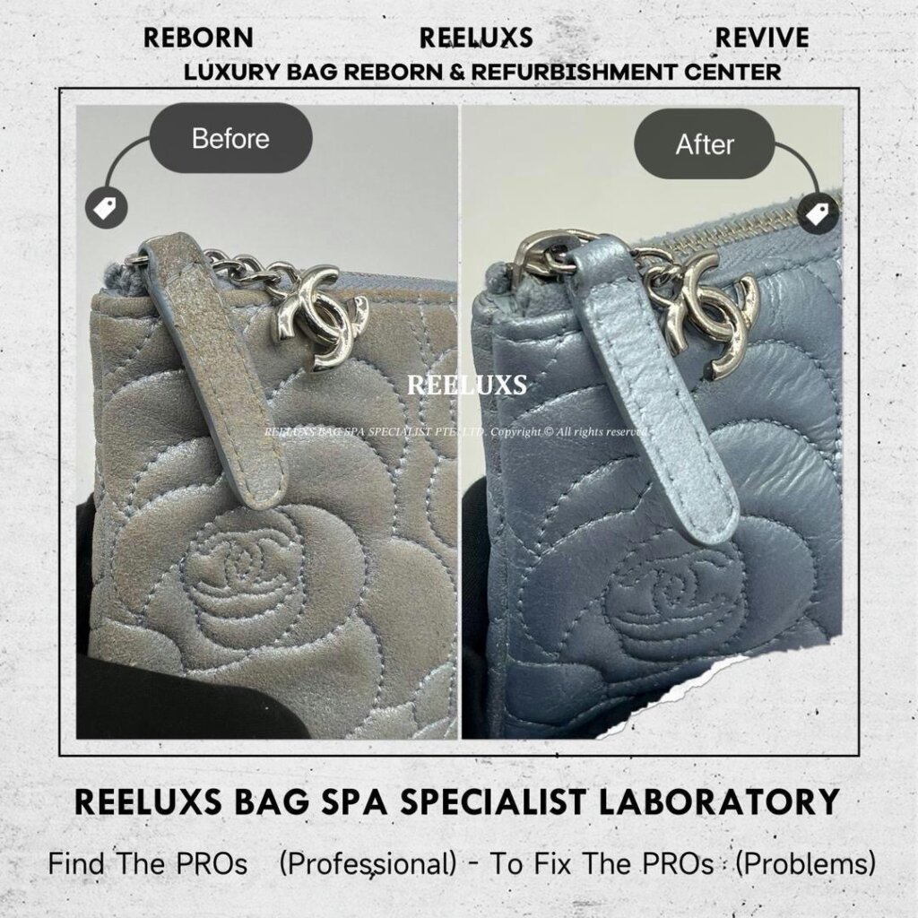Camellia CC Logo Embossed Large Zip Pouch Clutch Bag Metallic Color Damage… — frame 8