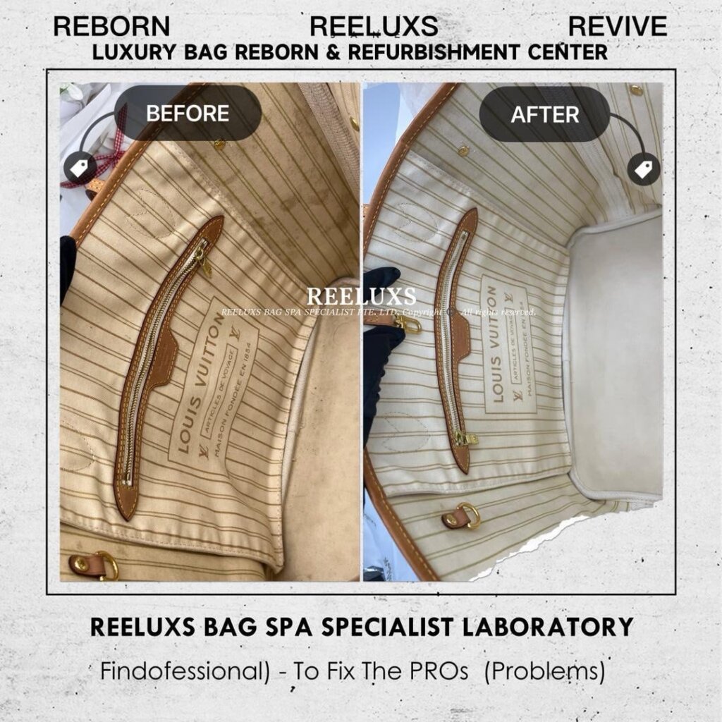 Neverfull Damier Azur Inner Yellowish Stain Problem Nano Spa Treatment | REELUXS — frame 4