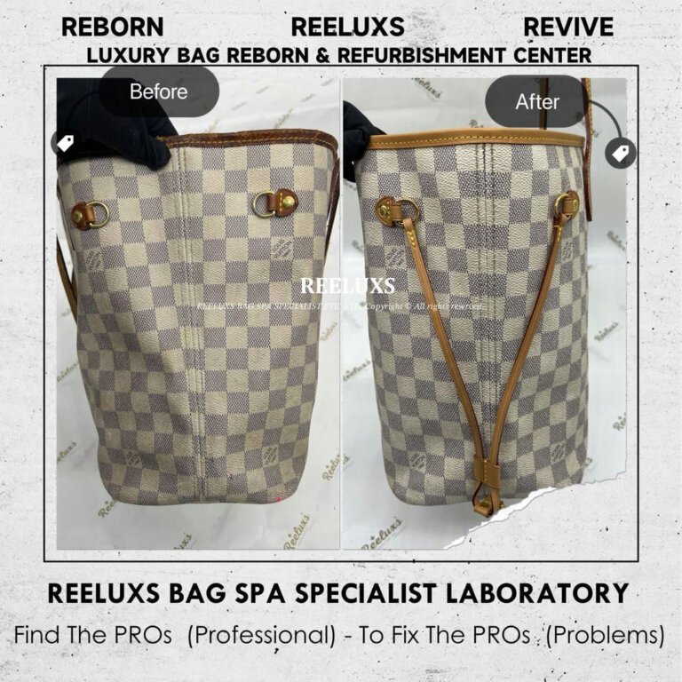 Louis Vuitton Damier Azur Neverfull Tote Bag Canvas Yellowish Problem Entire Vachetta Crack & Damage Metal Faded & Tarnish Refurbishment | REELUXS