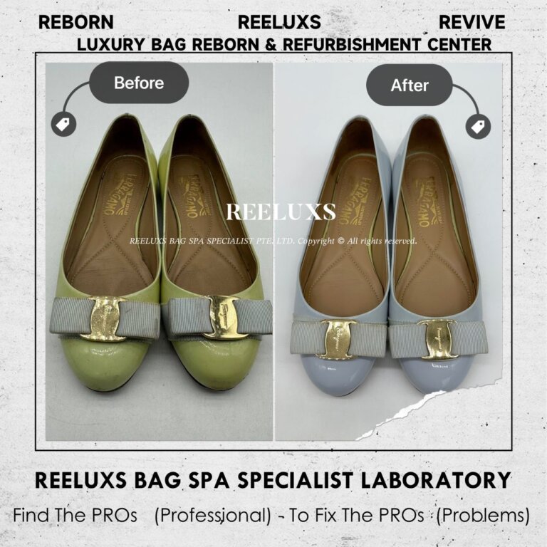 Ferragamo Salvatore Varina Flats With Gold Metal Patent Leather Color Damaged, Faded & Scratches Restoration