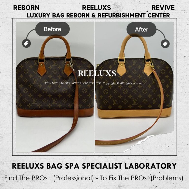 Louis Vuitton Alma PM Monogram Handbag Entire Vachetta Fully Stain Cracked & Damaged Oxidation Refurbishment