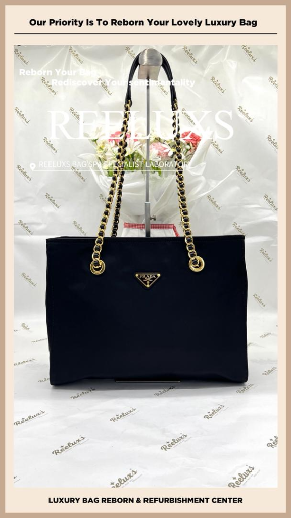Tessuto Chain Tote Bag In Black Nylon Oxidation Color Faded Scratches &… — frame 8