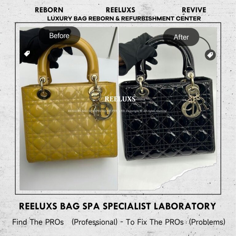 Dior Lady Dior Patent Leather Handbag Patent Color Damaged Oxidation Change To Black Color Refurbishment I REELUXS