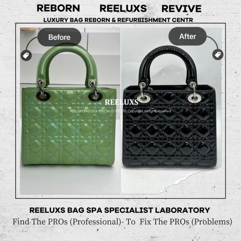 Dior Lady Dior Patent Leather Handbag Patent Color Damaged Oxidation Change To Black Color Refurbishment I REELUXS