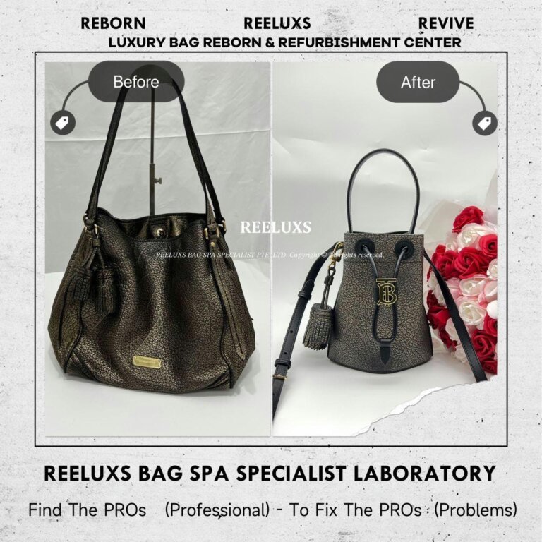 BURBBERY Metallic Leather Tote Bag Customised To Mini TB Bucket Bag Refurbishment I REELUXS